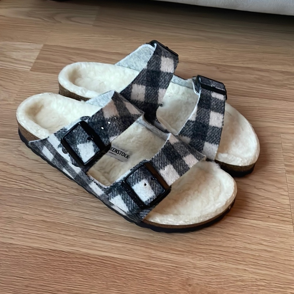 Birkenstock Arizona Shearling Wool Plaid White size 8,5